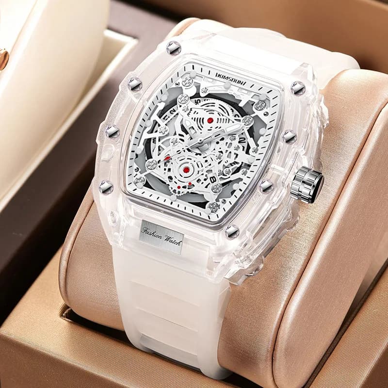 Fashionable casual men's watch Luminous calendar Function Silicone bracelet Quartz watch with transparent tonneau case Reloj