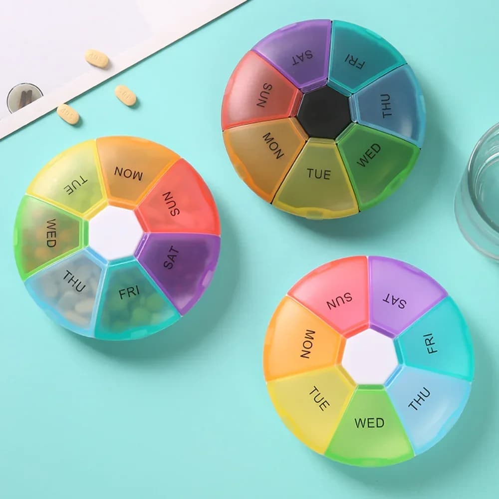 New Premium Portable Rainbow Pill Case Organizer Weekly Container with 7 Departments for Medicine, Vitamins, Fish Oils