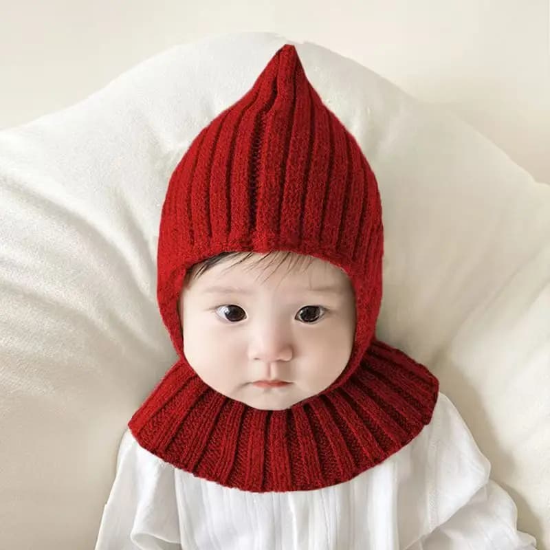 Red Christmas 0-2Y Baby 2in1 Knit Hat Scarf Pointed Beanie Winter Warm Windproof Infant Cap Soft Knitted Headwear