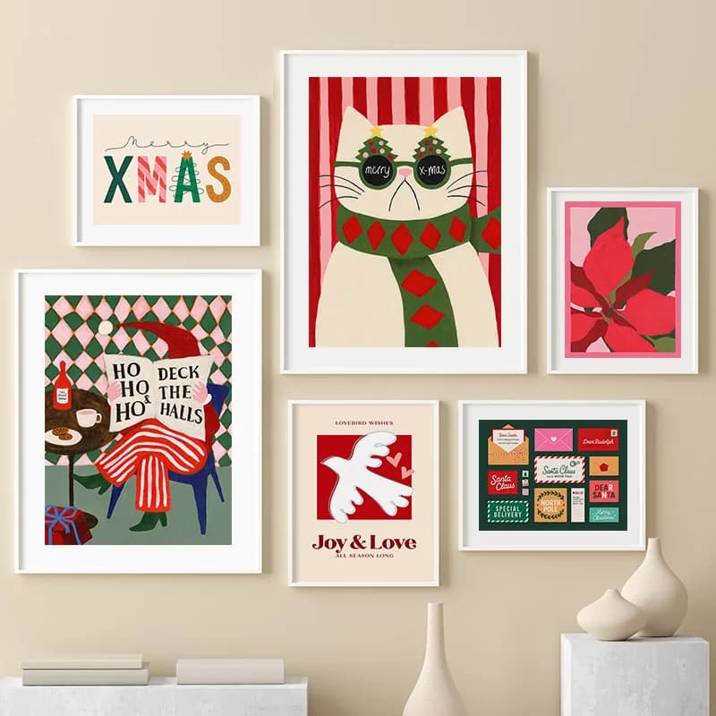 1pc frameless Canvas Painting Christmas Cat Tree Santa Claus Nordic Posters Prints Canvas Printing Wall Art Picture for Holiday