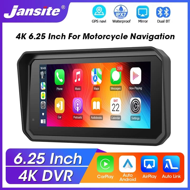 Navigazione GPS per moto da 6,25 pollici 4K + 1080P Doppia lente DVR IPX7 Display impermeabile Wireless CarPlay Android Auto Drive Recorder