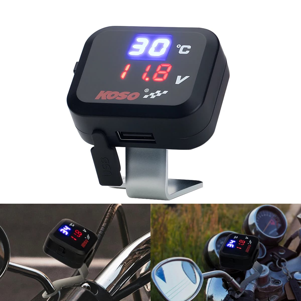 Caricabatterie USB Multifunzione 10-24V per Moto con Termometro e Voltmetro, Display Digitale Impermeabile, Accessori per Motociclette