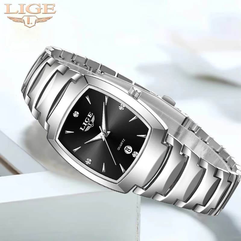 LIGE Square Fashion Luxury Elegant Quartz Watches For Women Casual Business Stainless Steel Strap Waterproof Date Gift Women + Box
