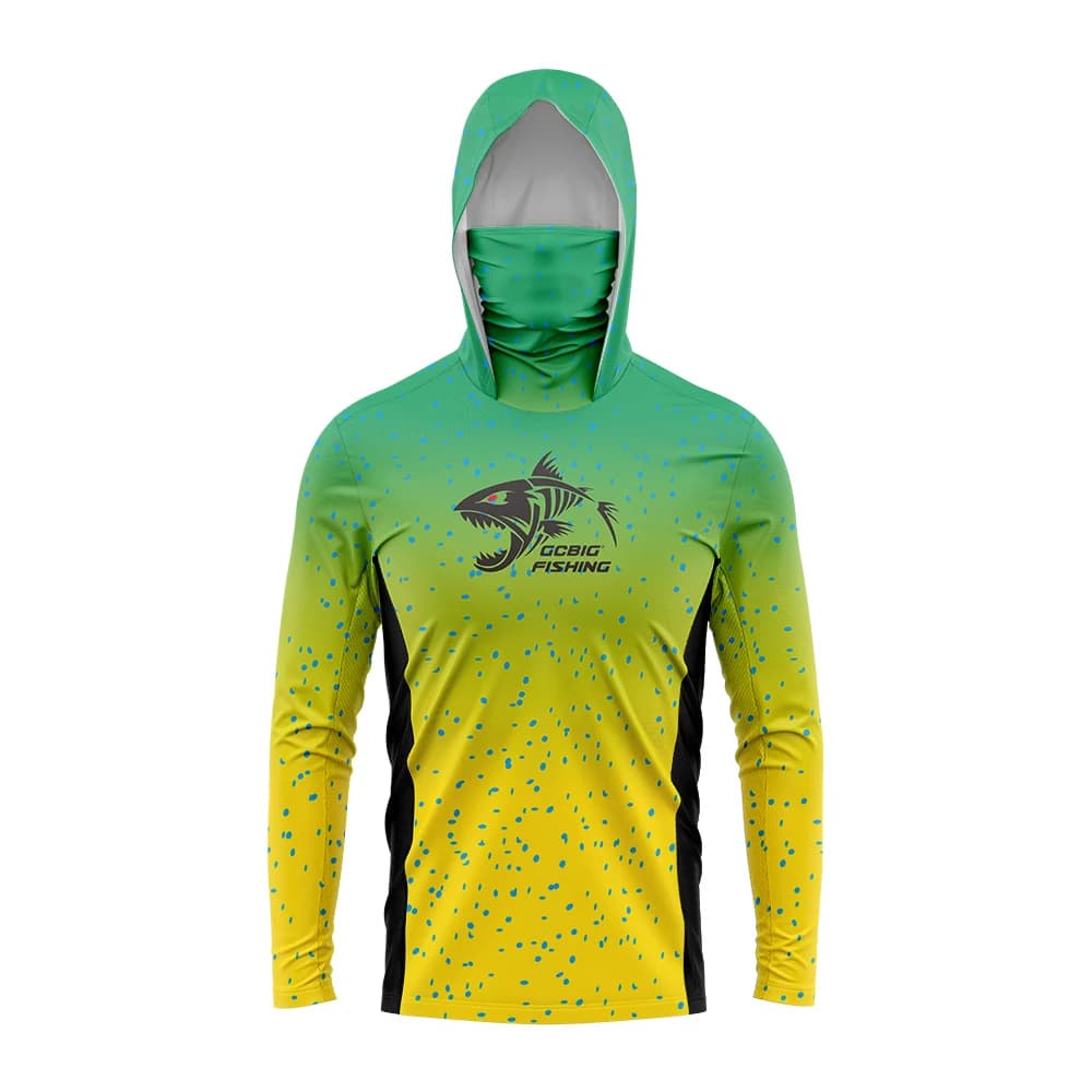 Gradient Green‑Yellow Skeleton Fish Men Fishing Hooded Shirt Built‑in Face Cover Sun Protection Quick‑Dry Long Sleeve Tops