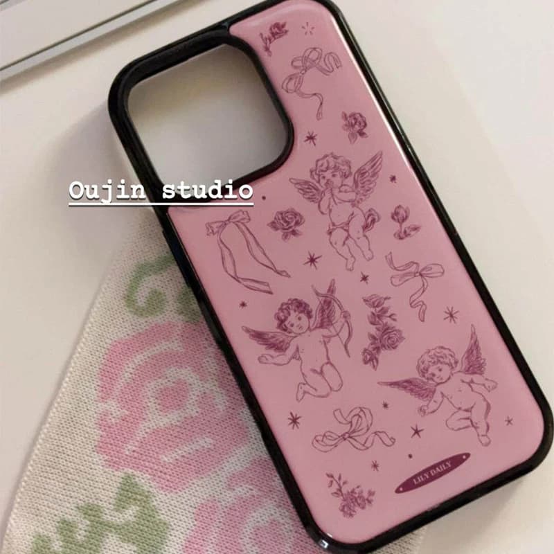 Cover per iPhone 17 Air 16 Pro Max 15 14 Plus 13 12 11 con nastro rosa a tema angelo e bordo nero, stile coreano, con colla a goccia