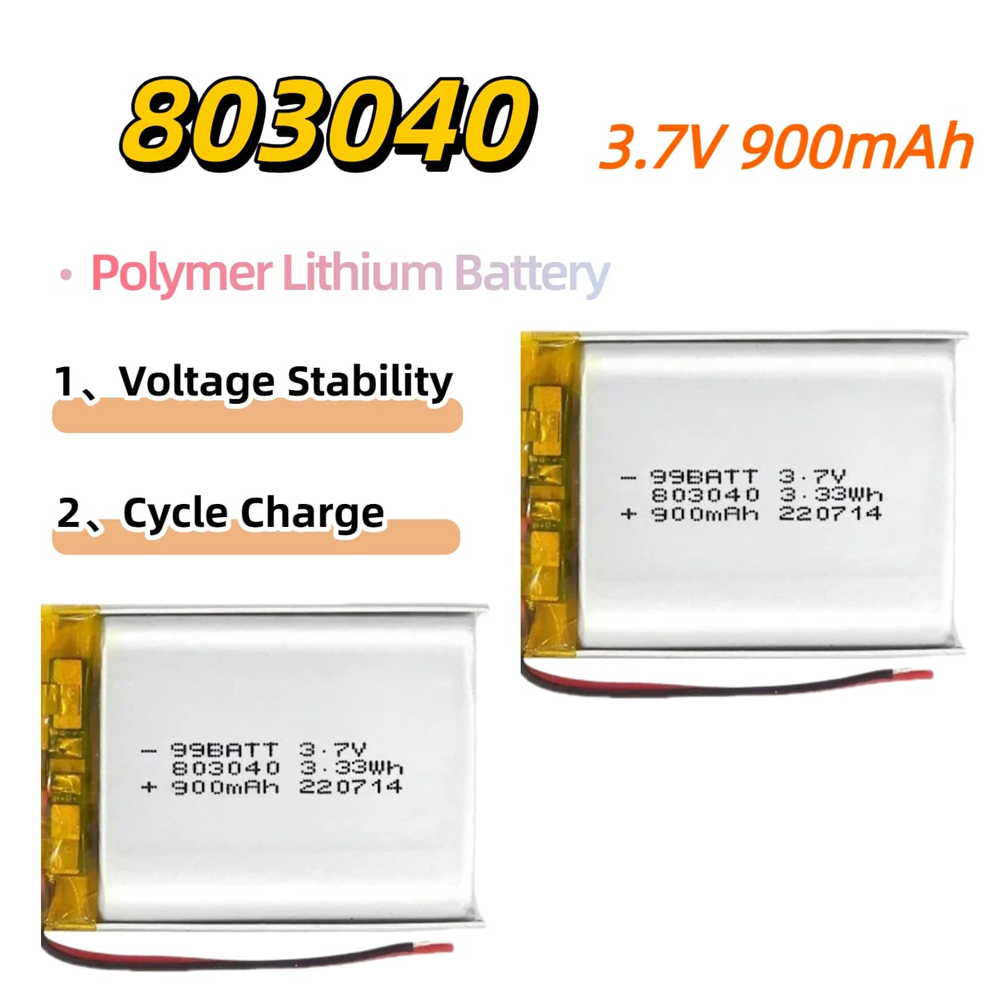 Batteria al Litio Polimero Ricaricabile 803040 3.7V 1000mAh Adatta per Altoparlanti Bluetooth, Dispositivi di Bellezza e Navigatori Auto