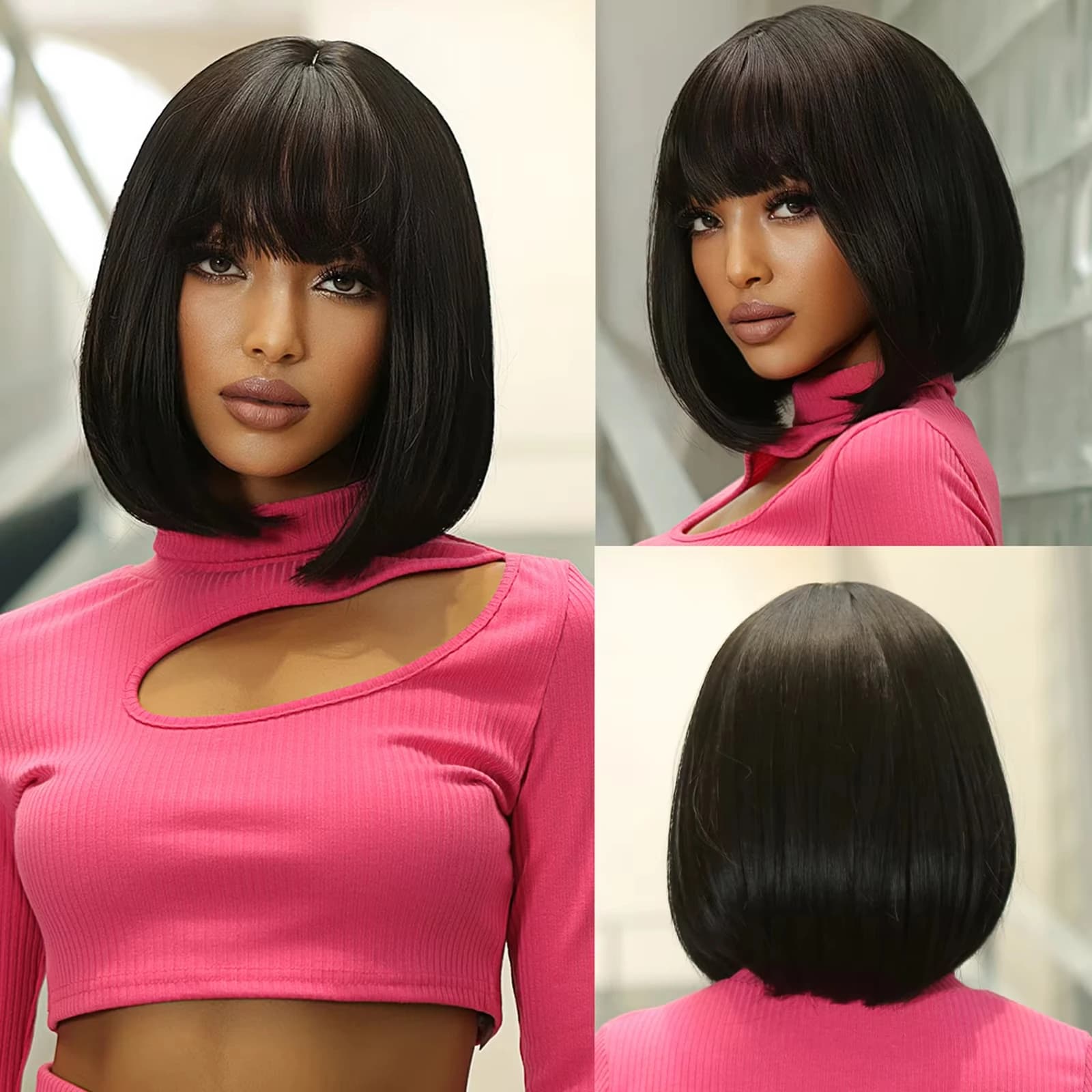 12-Inch Black Short Straight Hair Synthetic Wig for Cosplay, Pompadour Hairstyle, Daily High-Temperature Hair Wig