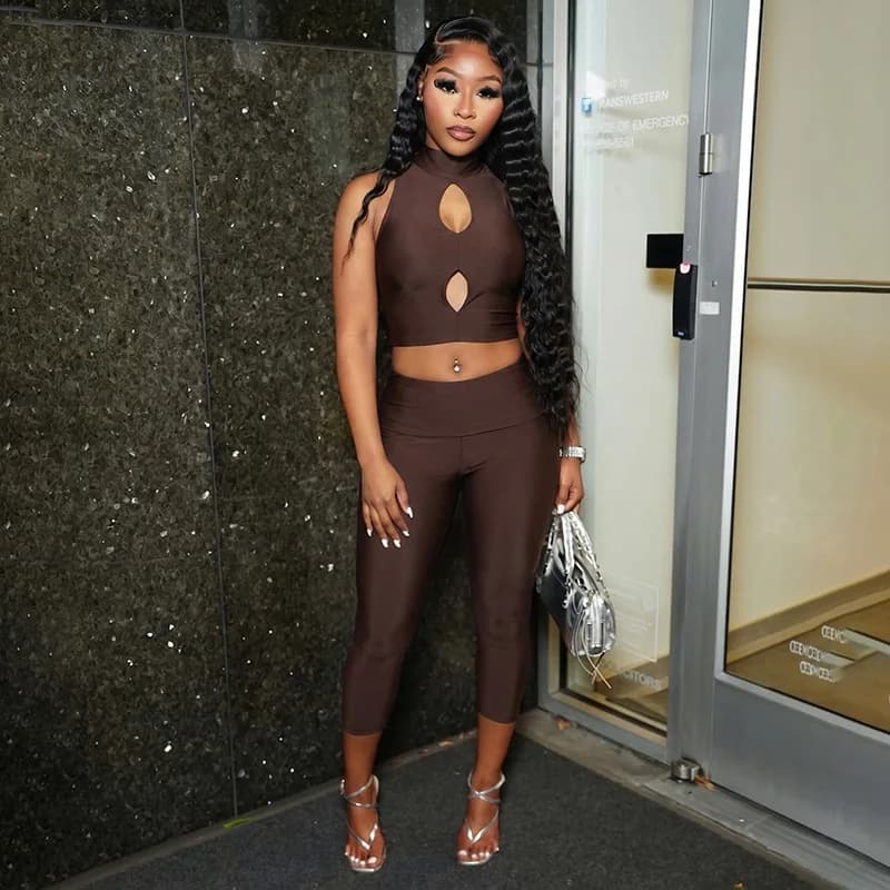 Women Solid 2 Piece Set Half High Collar Sleeveless Hollow Out Crop Tops + Lapel High Waist Skinny Calf Length Pants Suits