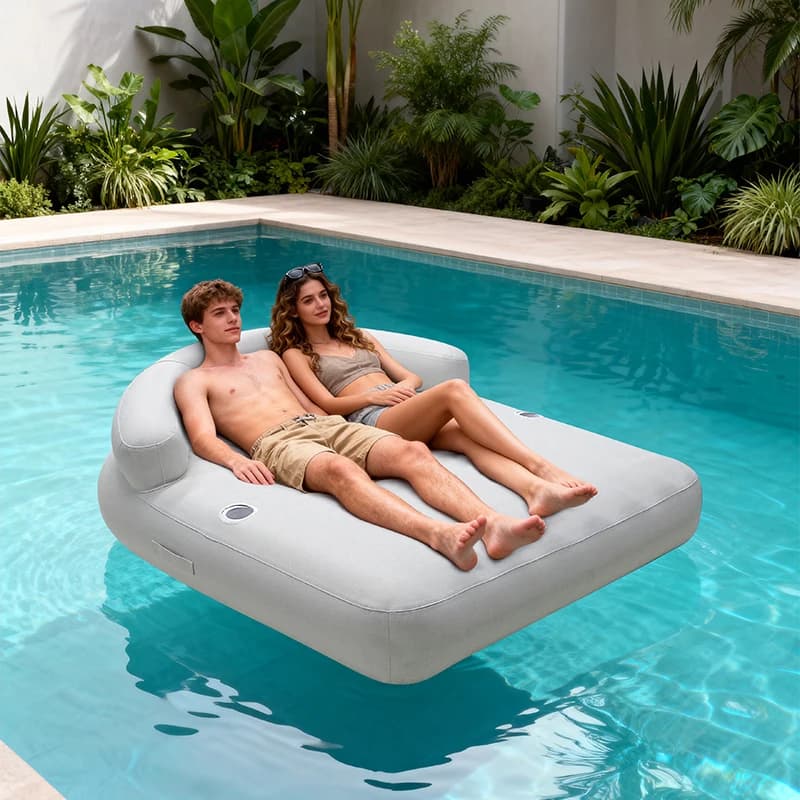 Moderna Poltrona Gonfiabile Galleggiante per 2 Persone, Divano Letto Galleggiante con Rivestimento in Tessuto Rimovibile, Lettino Gonfiabile da Piscina