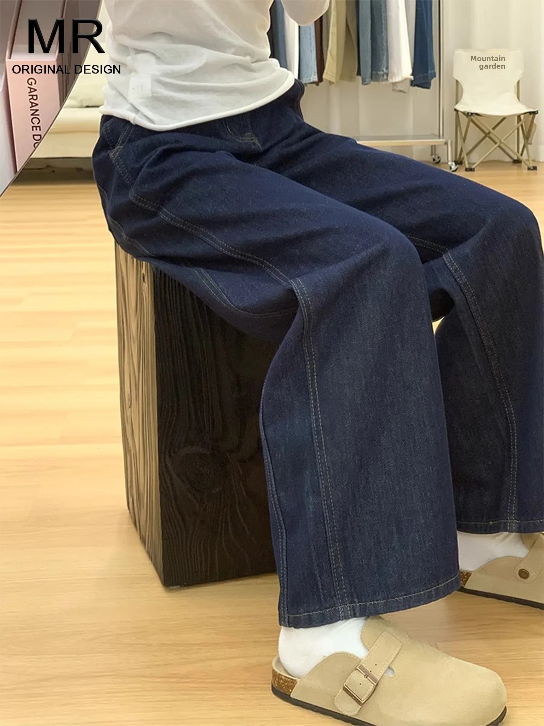 Deep Blue American High Waist Jeans Women's Loose Wide Leg Pants Autumn Winter New Style Slimming Drapey Floor-Length Trousers