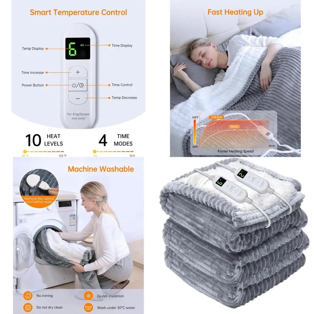 Coperta Elettrica con 4 Timer e 6 Impostazioni di Calore, Regalo Ideale per l'Inverno per Adulti, 213x229 cm Grigia