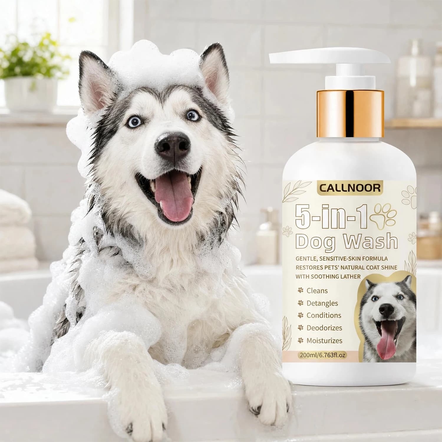 5‑in‑1 Dog Wash Shampoo Gentle Sensitive Skin Formula Oatmeal Aloe Vera Pet Shampoo Clean Detangle Deodorize Moisturize