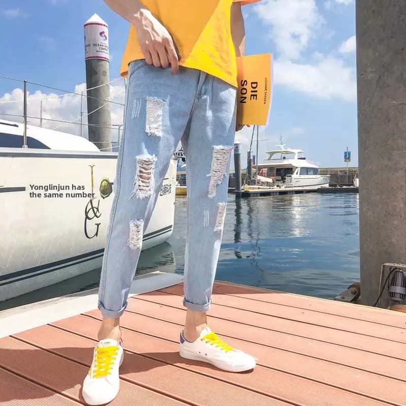Summer Men's Slim Fit Blue Jeans Nine Points Break Hole Casual Faion Trendy Youth Jeans Blue Denim Pants for Teens