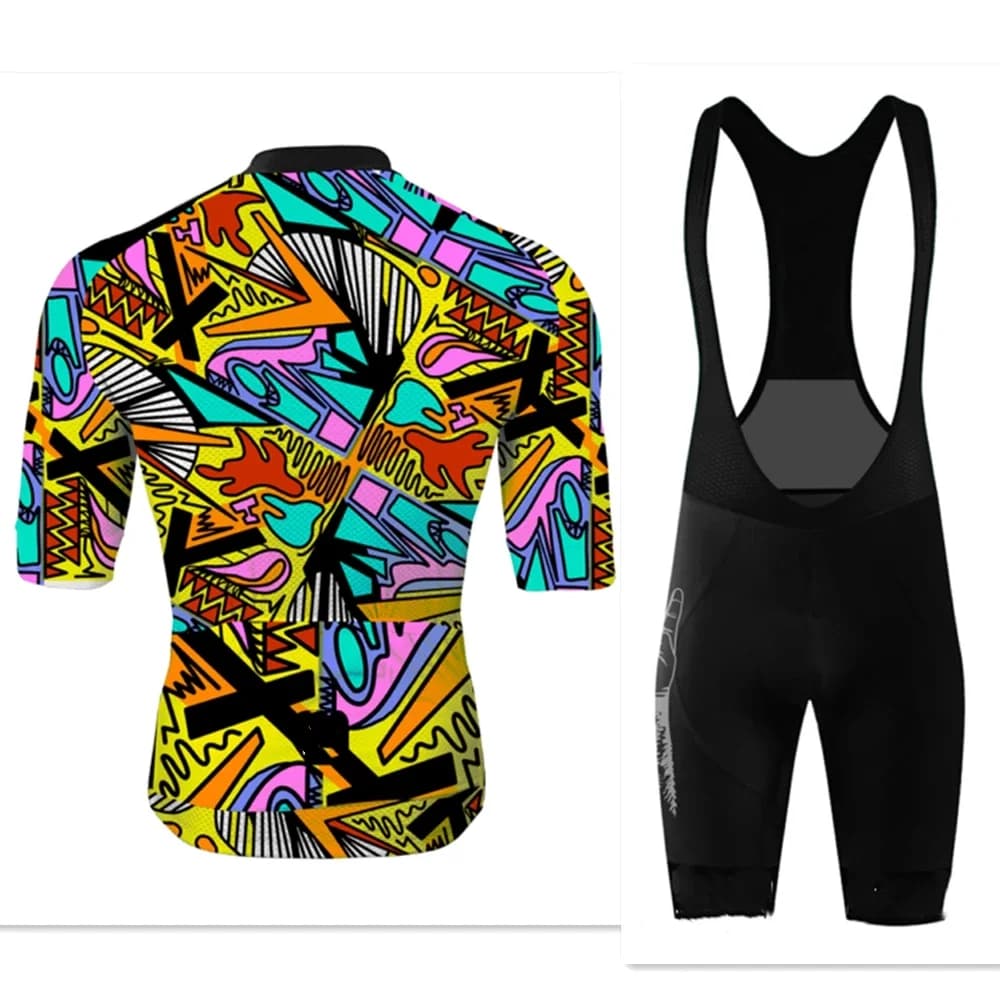 Men Cycling Jersey Suit Outdoor Crazy Abstract Style Offroad Racing Suit Summer Mtb Long Distance Bib Shorts Set 9d Gel Ciclismo
