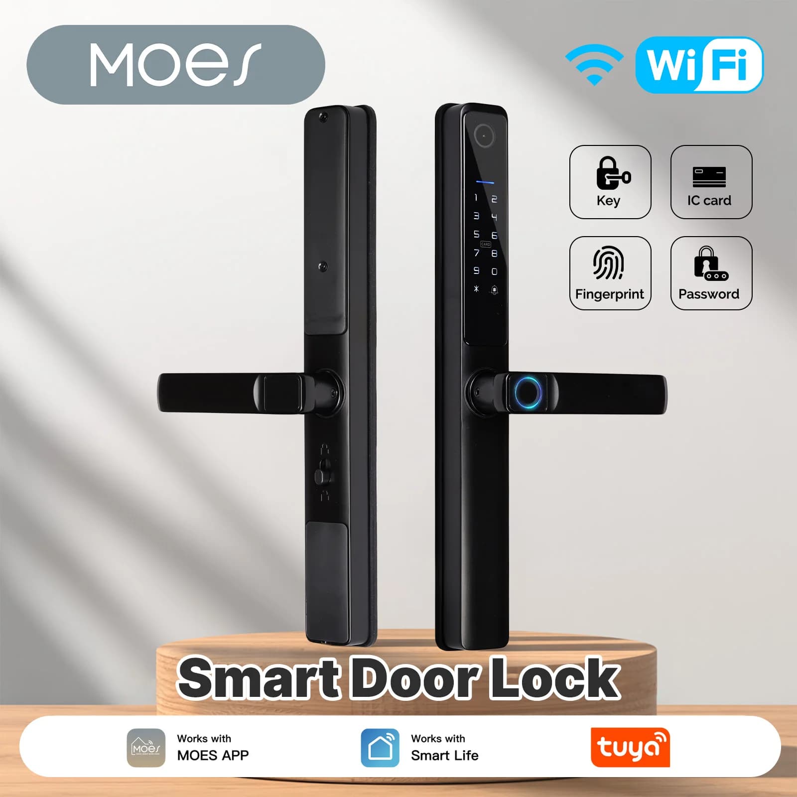 Serratura Intelligente WiFi MOES Tuya, Elettronica, per Interni, con Sblocco Remoto tramite Impronta Digitale, Password, Scheda IC, Alimentata a Batteria, per Hotel e Appartamenti