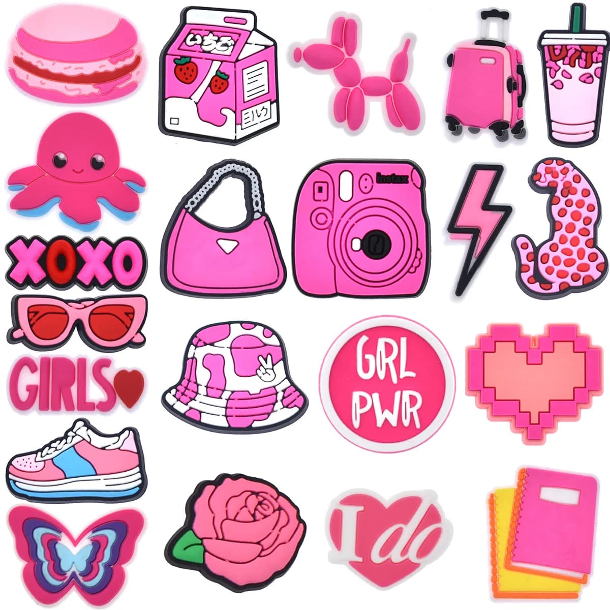 borsa rosa per fotocamera, lotti di ciondoli per scarpe in PVC, pantofole, combinazione di fibbie, braccialetti adatti, accessori, fasce decorative, regalo, festa unisex