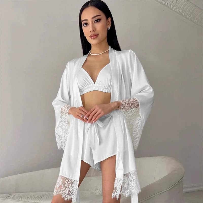 Women's Sexy Nightdress V-neck Dress in Lace Satin Bathrobe Half Sleeved Night Shirt French Sexy Satin Night Shirt