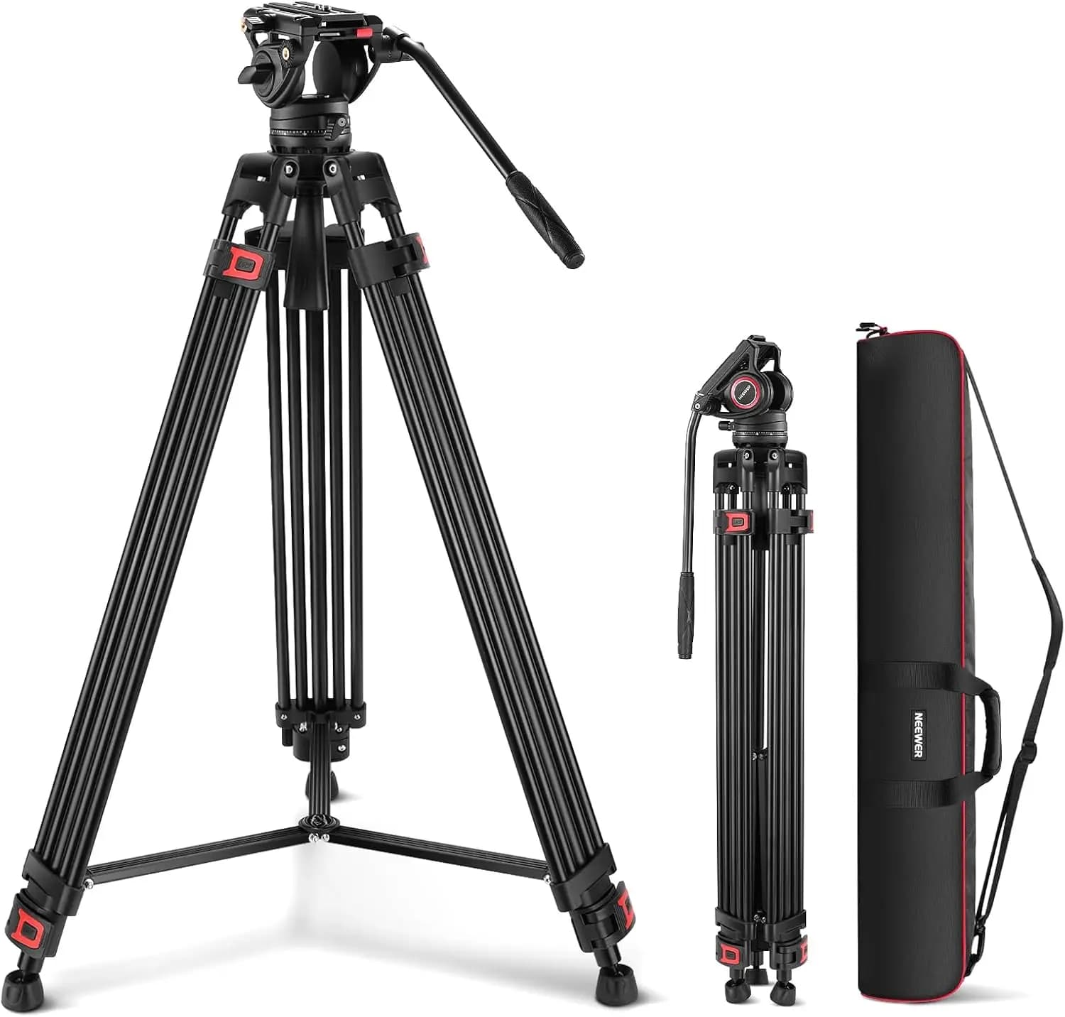 Treppiede Professionale per Video da 74 Pollici con Testa Fluida, Piastra a Sgancio Rapido, Alluminio Resistente per Fotocamere DSLR e Videocamere, Carico Massimo 8 kg