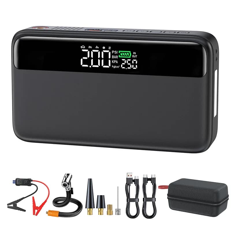Avviatore di Emergenza per Auto 10000 mAh e Gonfiatore Pneumatici 12V con Ricarica Rapida 65W, Avviatore d'Emergenza, Luce LED, Powerbank e Compressore