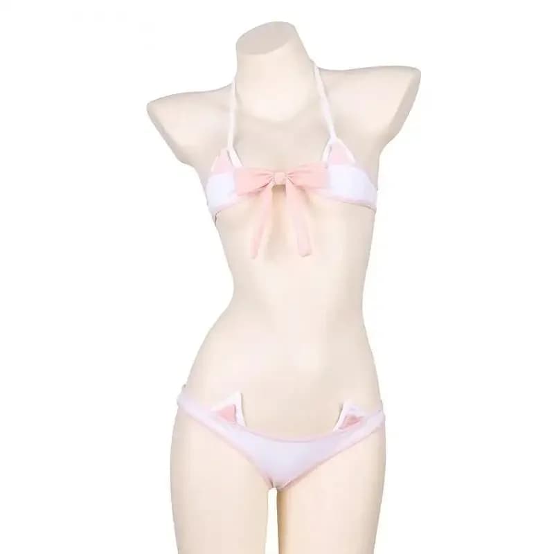 Anime Lolita Pink Bow Mini Bikini Women Set Bandage Pajamas Kawaii Cat Ears Plaid Underwear Panties Women Sweet Pink Lingerie