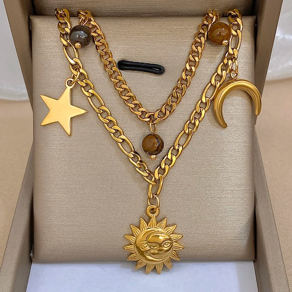 Multilayer Golden Stainless Steel Big Sun Shape Pendant Necklace for Women Men Bohemia Star Moon Tassel Collar Necklaces Gift