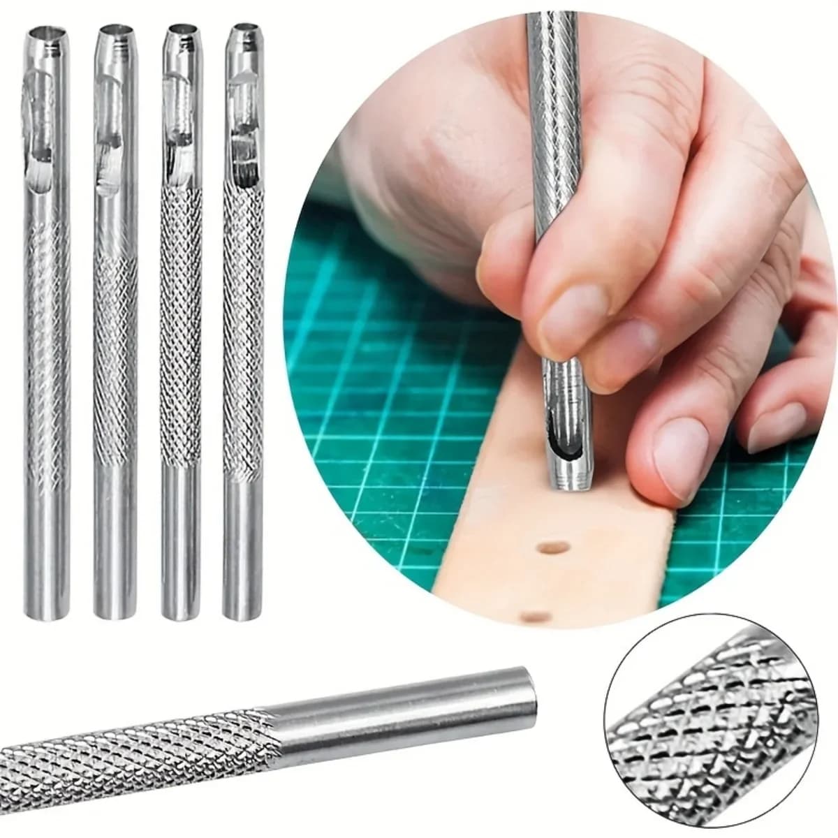 Set di 4 punzoni manuali in metallo per cinture, 2.5mm+3mm+3.5mm+4mm, argento, con motivo rotondo