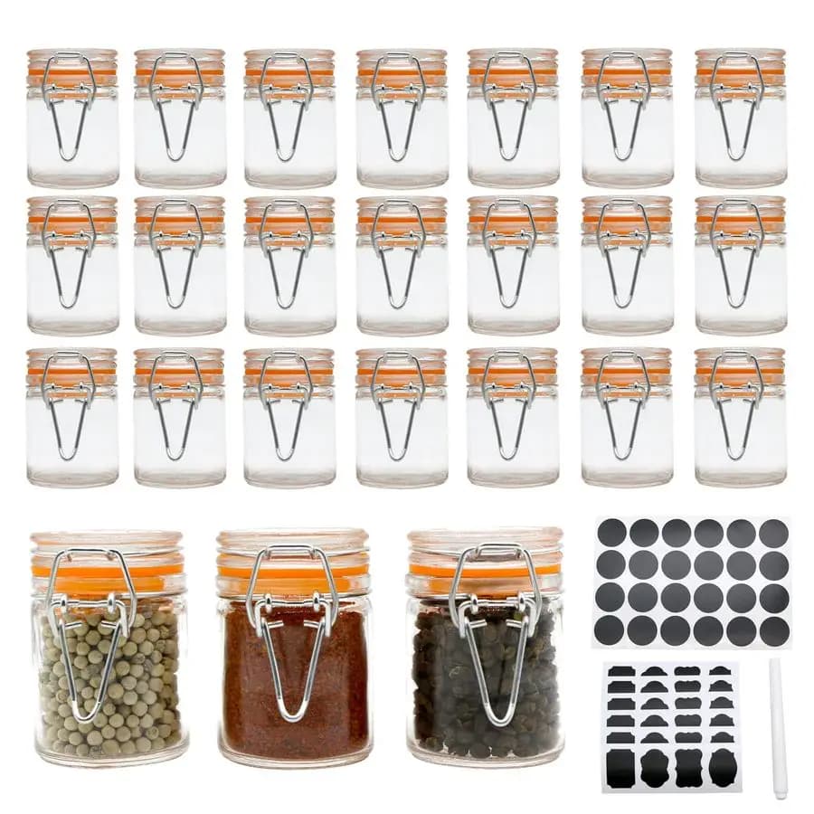 Bottiglie di Vetro per Spezie da 1.7 oz, Confezione da 24 Piccoli Barattoli in Vetro con Coperchio Ermetico e Guarnizione in Gomma Antiperdita, Contenitori Vuoti per Spezie