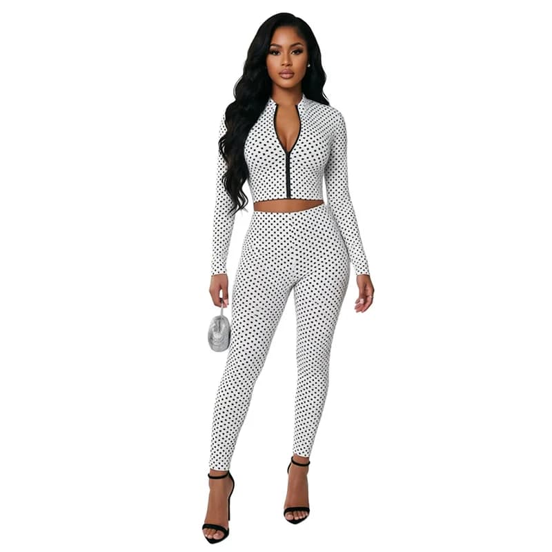Polka Dots Print Slim 2 Piece Set Women Tracksuits O-neck Full Sleeve Zip-up Crop Tops + High Waist Pencil Pants Casual Suits