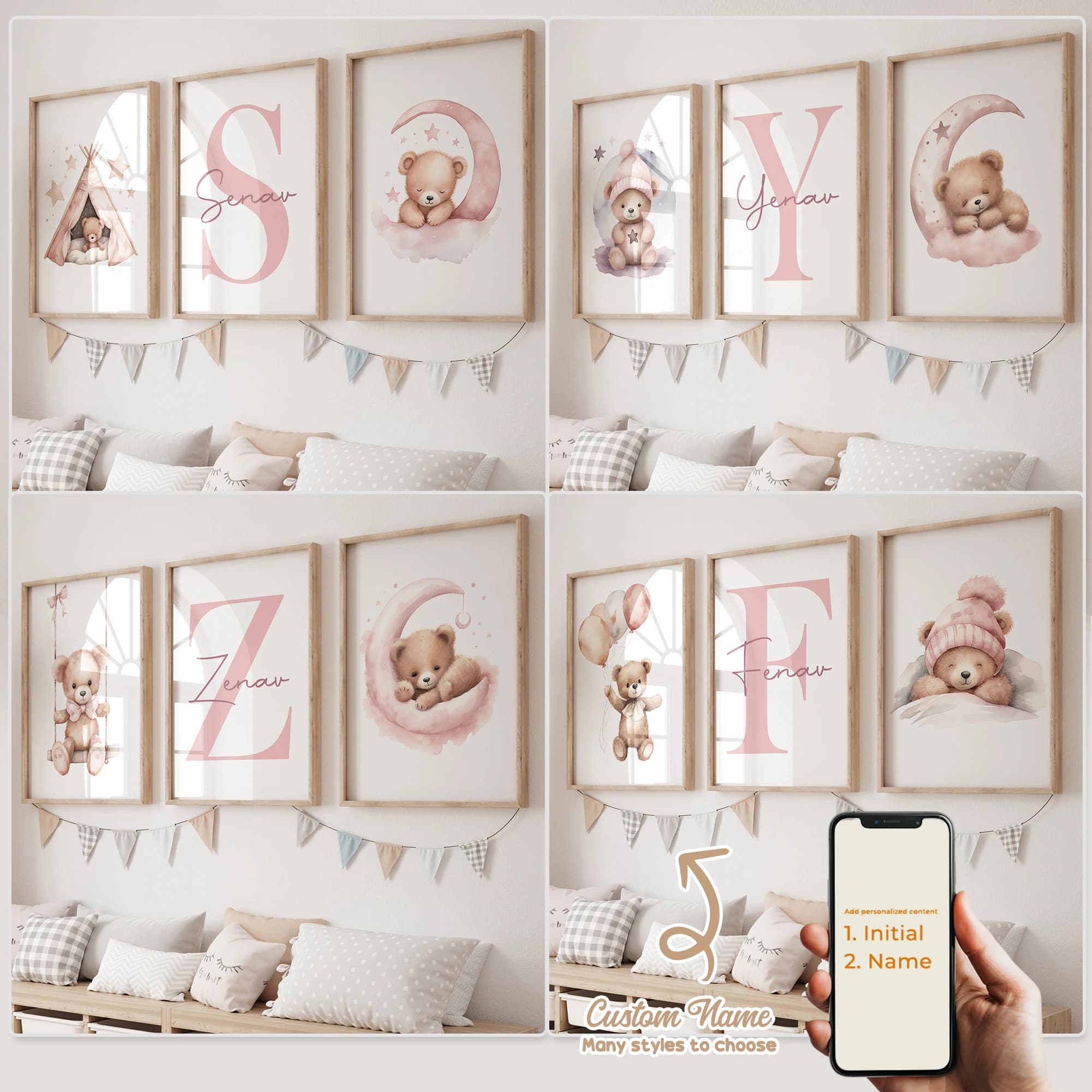 3 pezzi personalizzati nome personalizzato cartone animato rosa orsacchiotto stampa artistica da parete immagine poster su tela pittura per soggiorno decorazioni per la casa