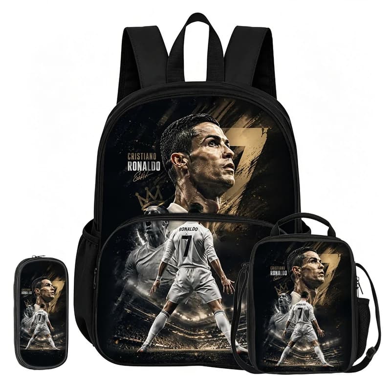 Learn, Travel Football Star School Bag Ronaldo 3 Pcs set with Front Pocket Backpack Lunch bag, Pencil Case, Sport Rucksack