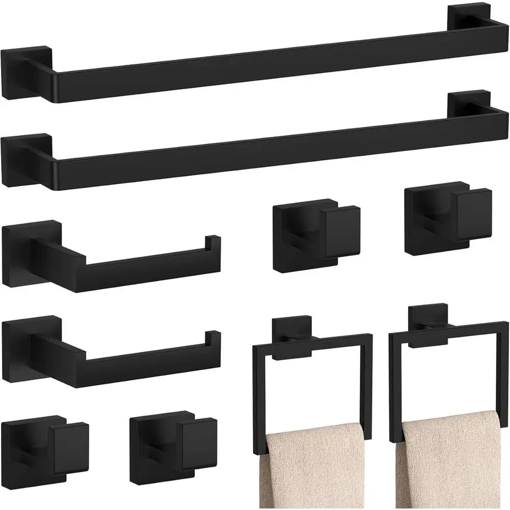 Set di accessori da bagno neri da 10 pezzi, portasciugamani in acciaio inossidabile 23.6, portasciugamani da parete