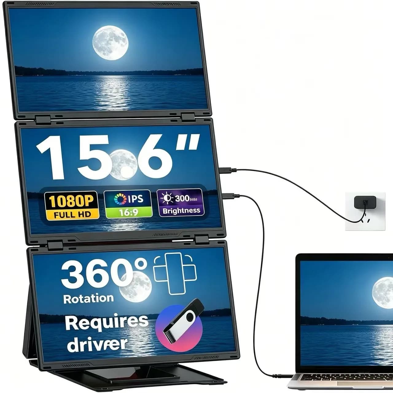 2026 new 15.6" FHD 1080P Quad Monitor 3 Monitor Screen Extended Double Magnetic Rotation Multi-Angle Stand