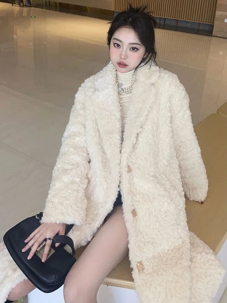 Winter New Loose Lamb Fur Jacket Women Mid-Length Thickened Warm Rabbit Velvet Coat Trendy Polyester Fiber Long Sleeve Button...