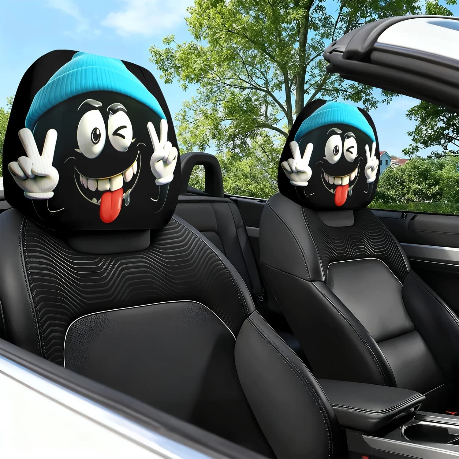 2 pieces of headrest covers and pillows for car seat neck, with theme print nice expressions and blue hat - with a lovely design