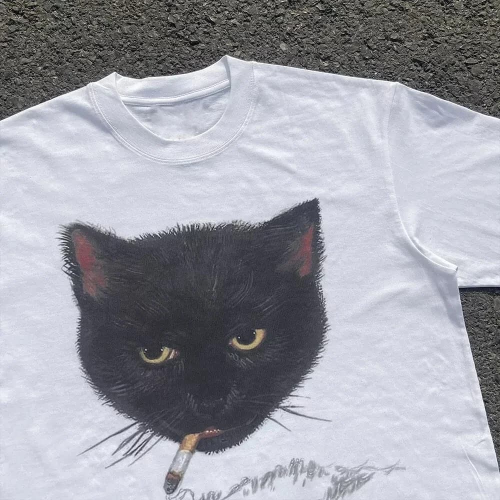 Y2k Wrinkled Cat Graphic Print Punk 90s Grunge Retro Hip Hop Style White Top T-shirt Emo Aesthetic Clothes Harajuku Y2K Top