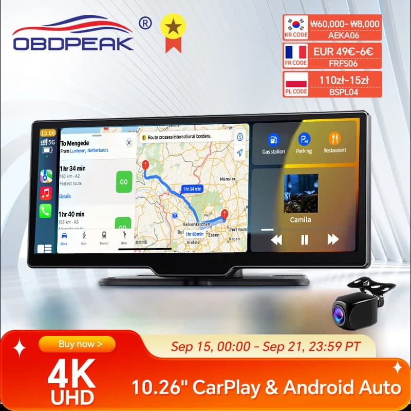 2024 K2 10.26 "Camera da cruscotto 4K 2160P Telecamera retrovisiva Carplay e navigazione GPS automatica Android con controllo vocale DVR per auto BT FM Monitor