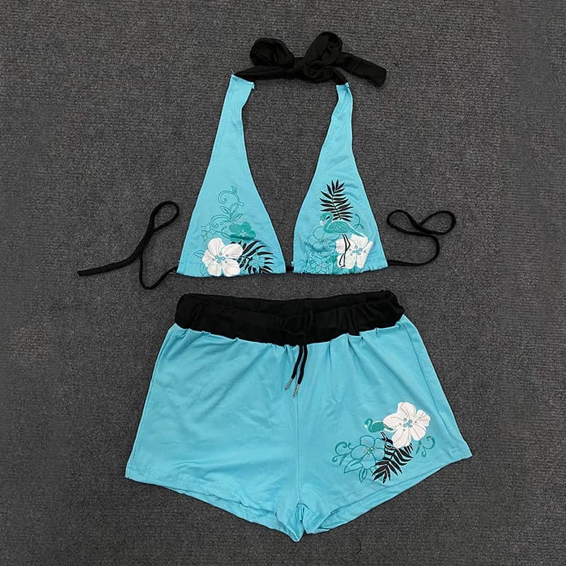 Estetismo casual Vacanza al mare Bikini da donna sexy Stampa di lettere Pantaloncini a contrasto Abito Retro Spice Girl Backless Y2k Costume da bagno