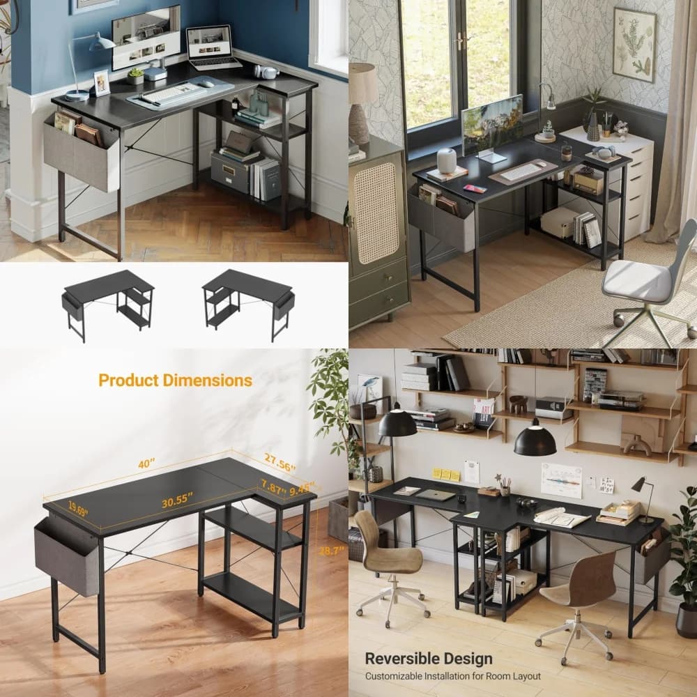 Scrivania per computer Scrivania angolare per computer a forma di L Scrivania da ufficio marrone da 40 pollici per tavolo da gioco per studio domestico Scrivania per stazione di lavoro nera