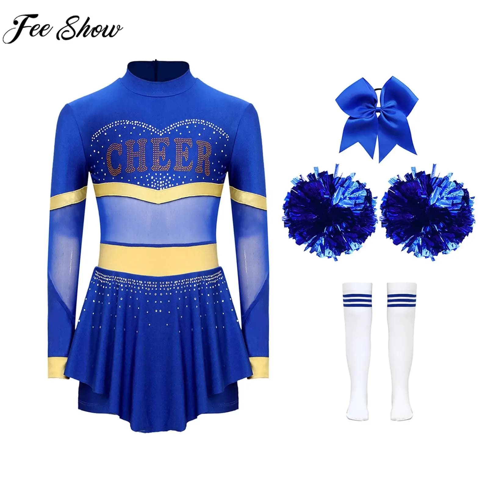 Costume da Cheerleader per Ragazze, Body con Fiore, Elastico per Capelli e Calzini per Halloween, Carnevale, Eventi Sportivi, Feste Scolastiche