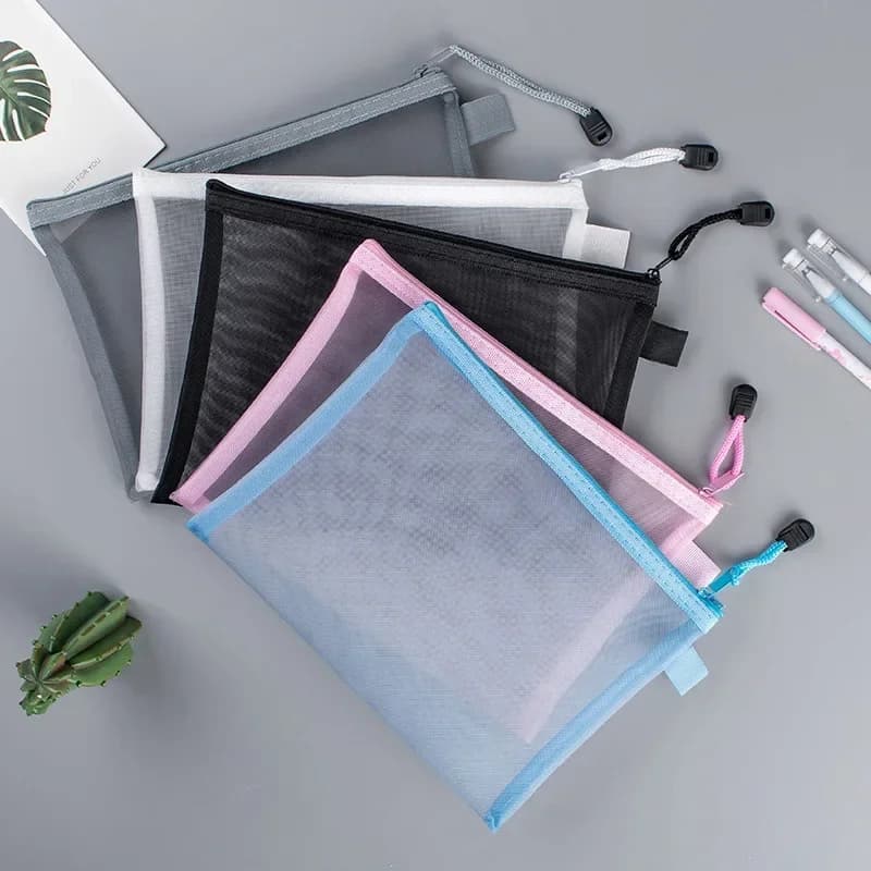 Cartelle di File trasparenti A4 A5 borsa di immagazzinaggio in rete di Nylon comoda cerniera studente prova cancelleria organizzatore materiale scolastico