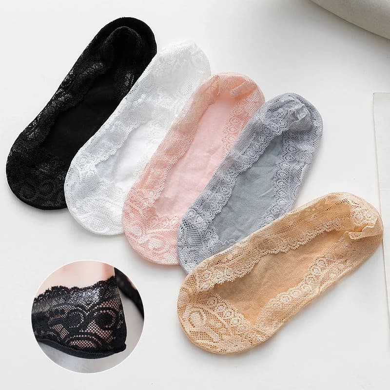 1/6 Paia di Calzini Invisibili Primaverili in Pizzo da Donna, Nuovi, con Silicone Antiscivolo, a Bocca Bassa, Tinta Unita, con Fondo in Cotone