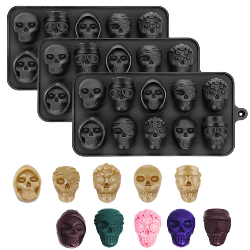 Stampo in silicone a forma di teschio per palline di ghiaccio 3D, vassoi flessibili per cubetti di ghiaccio senza BPA, vassoi per ghiaccio da congelatore, stampo per palline di ghiaccio a forma di testa di teschio horror per cocktail