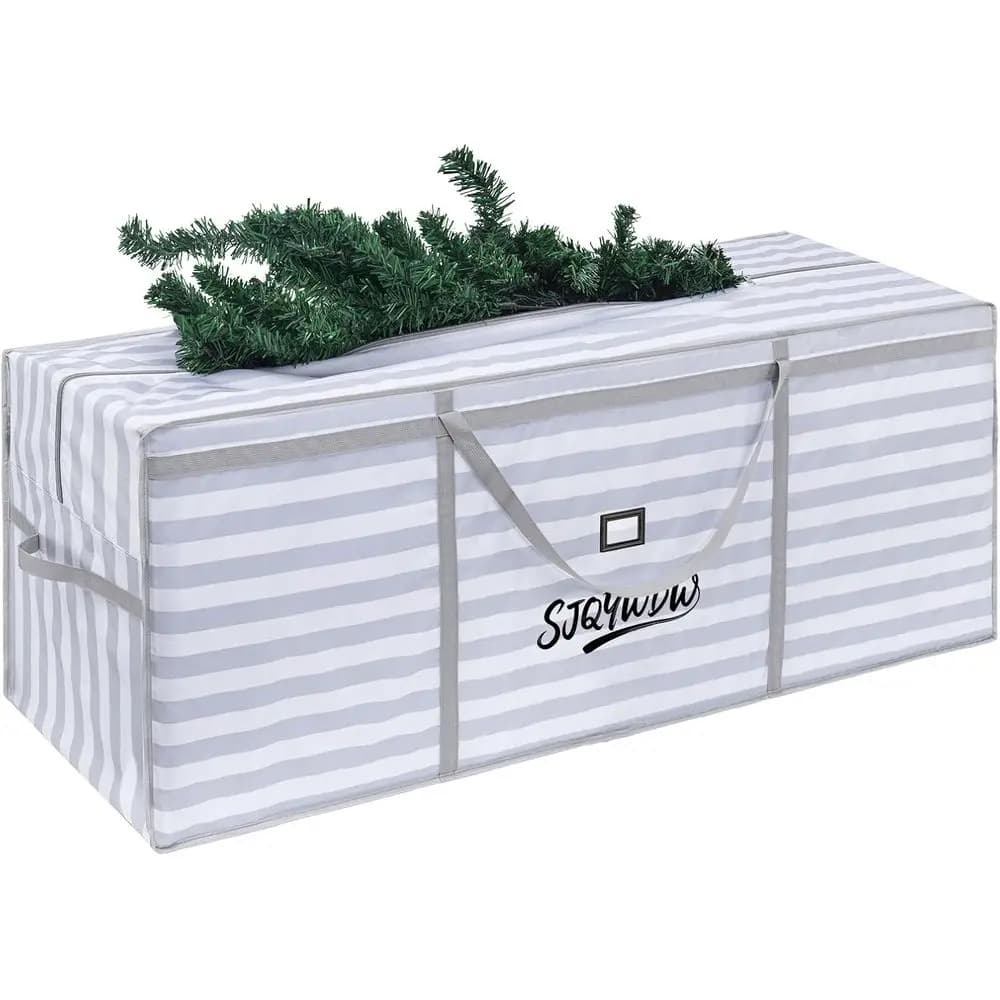Borsa portaoggetti per albero di Natale artificiale da 9 piedi, tessuto Oxford 600D, riutilizzabile con doppie tasche a rete, 65x18x27 pollici, strisce grigio-bianche