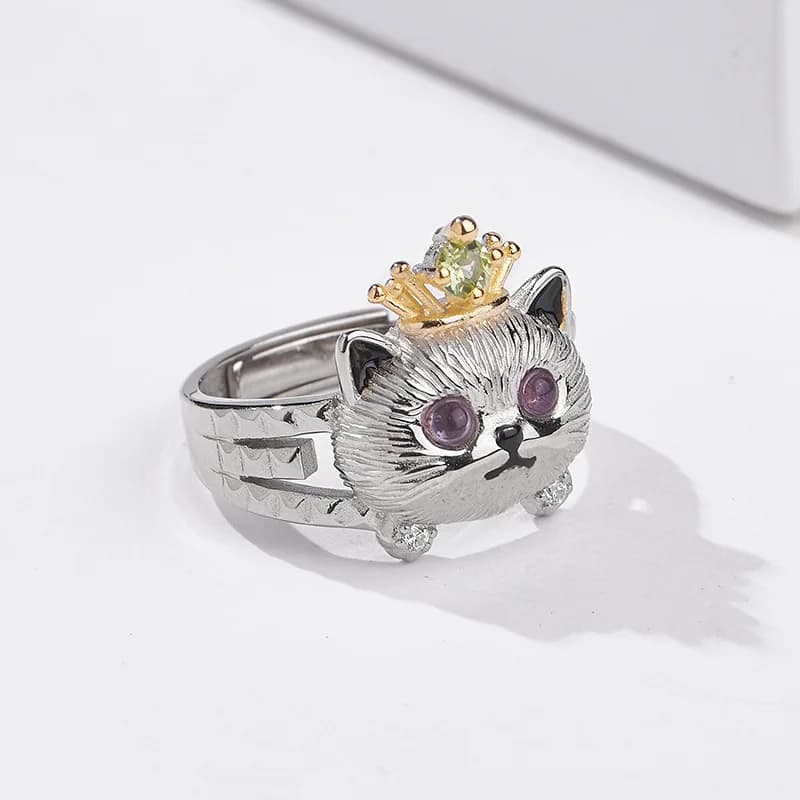 BOCAI New S925 Pure Silver Light Luxury Cute Set With Olivine Cute Pet Kitten Engagement Ring Women's Selected Gift