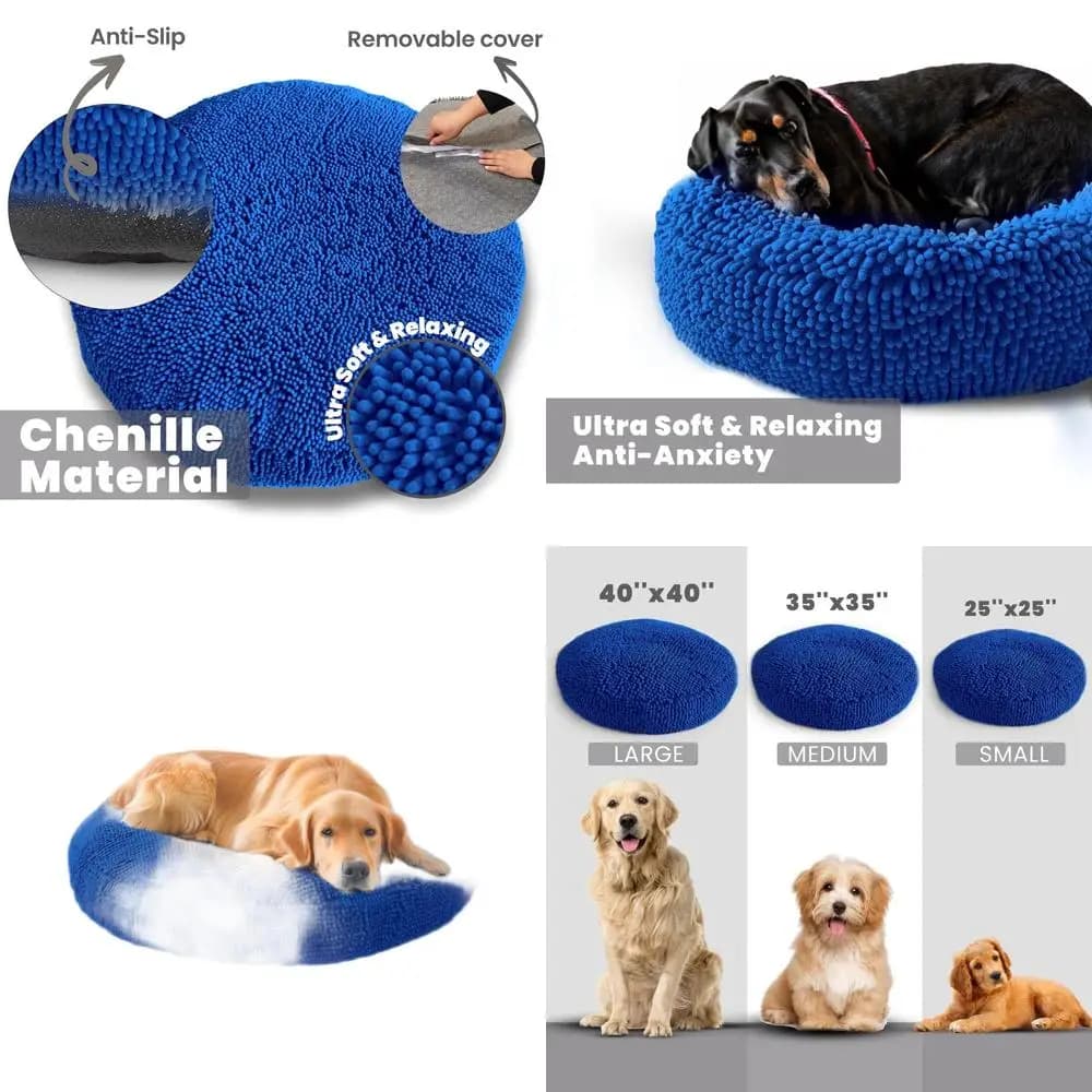 Letto per Cani e Gatti a Forma di Ciambella Blu Navy, Morbido Ciniglia, Fodera Rimovibile e Lavabile (40x40)