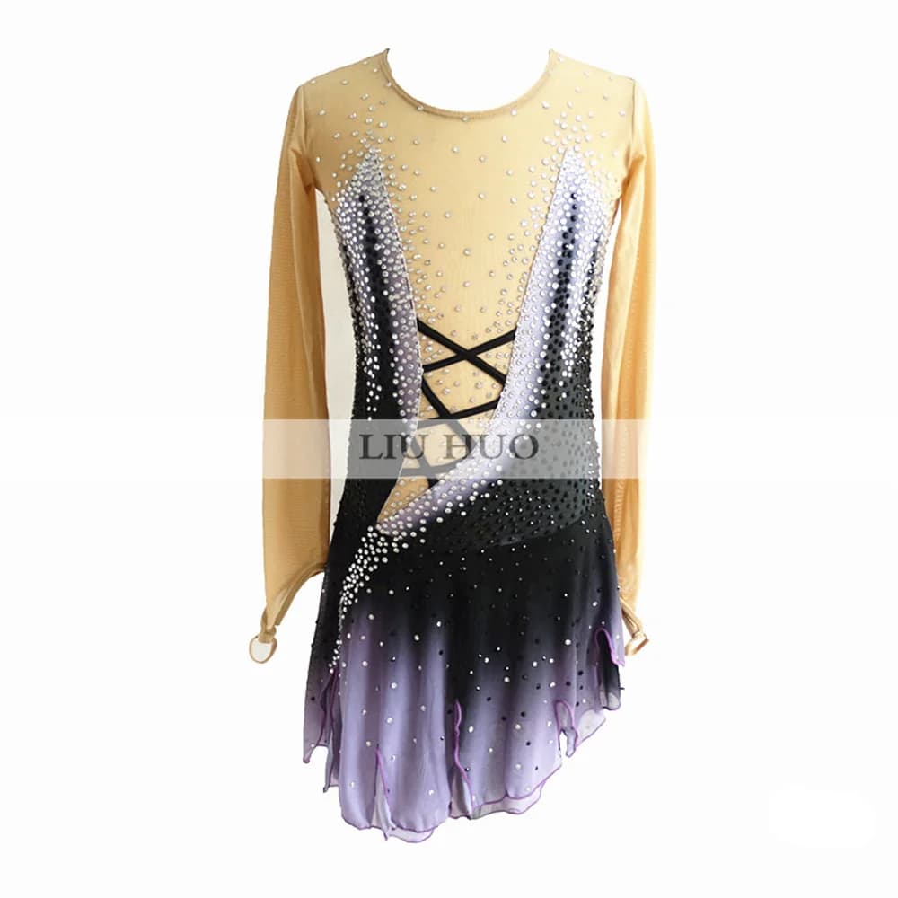 LIUHUO Pattinaggio di Figura sul Ghiaccio Vestito da Competizione per Ragazze da Donna Prestazioni Costume Sfumato Grigio Body Ginnastica Ritmica Rullo