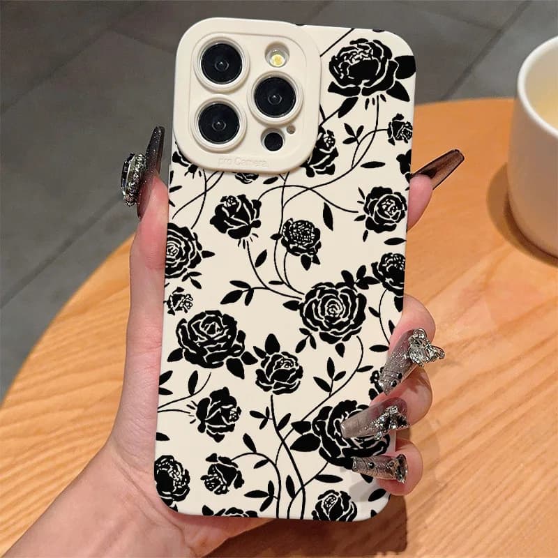 Black Roses Matte Silicone Phone Case For iPhone 16 11 12 13 14 15 17 Pro Max XR XS X 7 8 Plus Soft Fundas Black White Cover