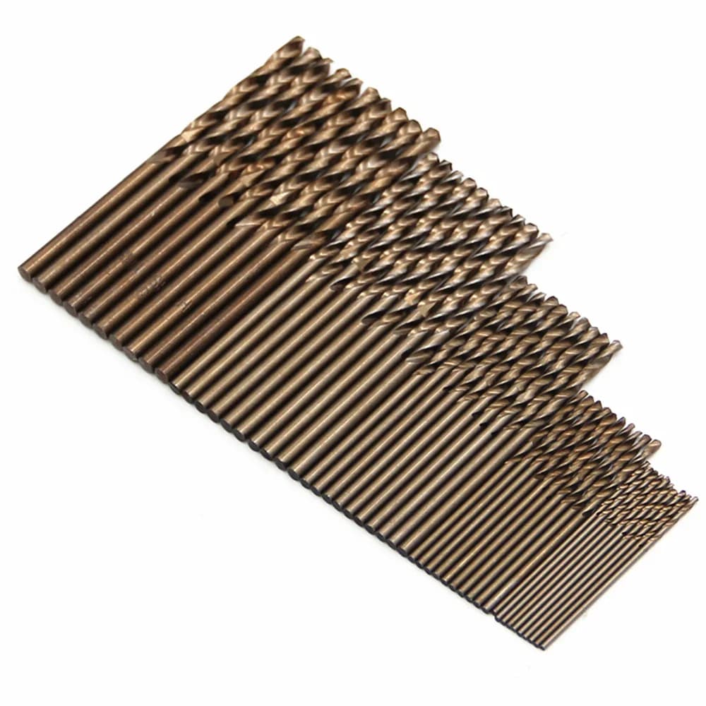 Set of 50 drill tools for drilling steel plates with 1 mm helical drill on the ground full of roast yellow cobalt M35
