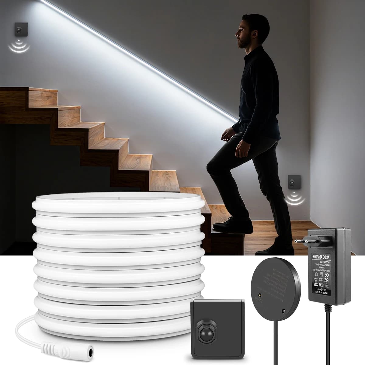 Striscia LED COB con sensore di movimento PIR intelligente a doppio rilevamento, 24V, effetto neon solido, autoadesiva, impermeabile, per scale, corridoi, illuminazione camera da letto