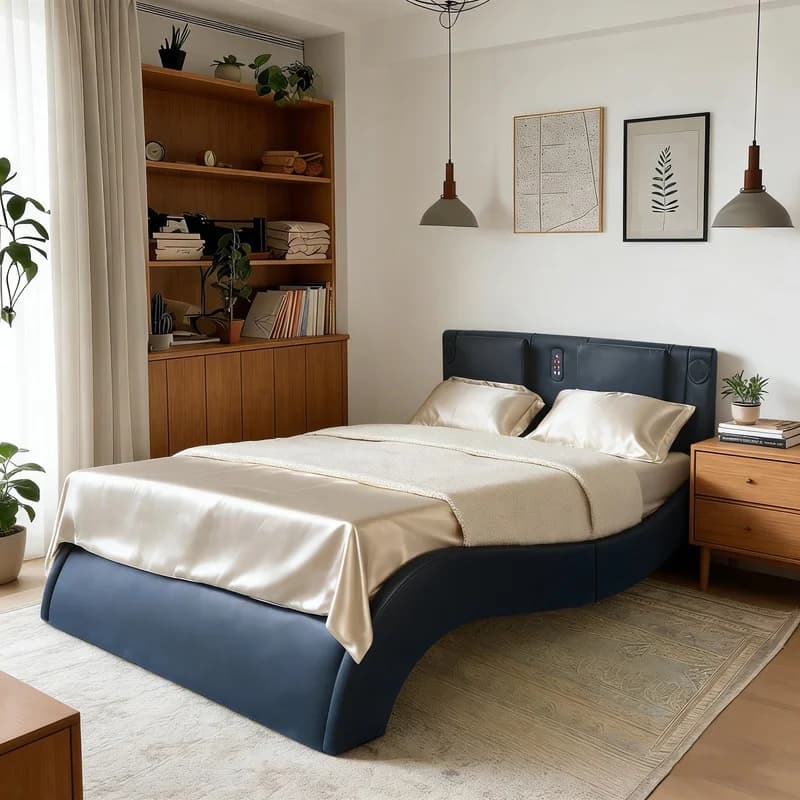 King Size Faux Leather Platform Bed with LED Lighting, Bluetooth Music, Vibration Massage Backrest, Curved Design, Wood Slats, Built-in Speakers